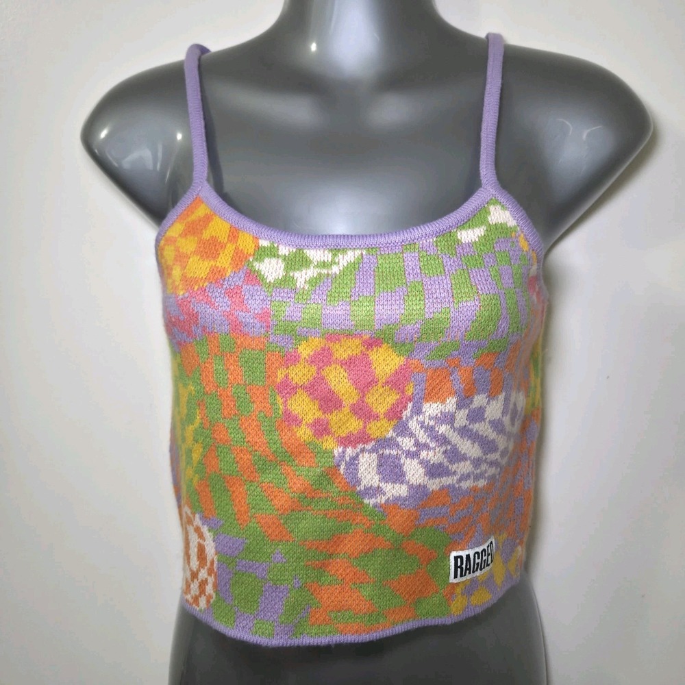RAGGED Jeans Knit Crop Top‎ S Y2K Psychedelic Abstract Multicolor Strappy Back